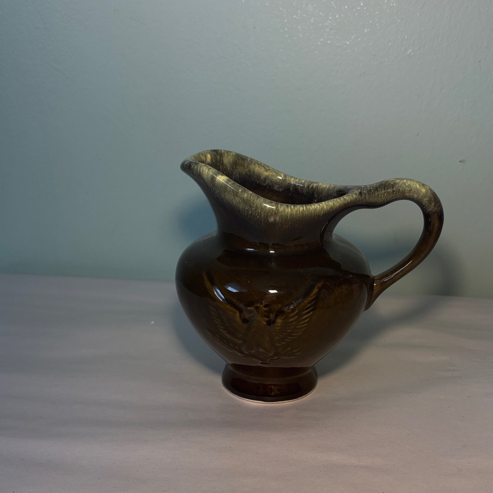 Vintage Hull Brown Drip Glazed Pitcher Vase with Eagle Design